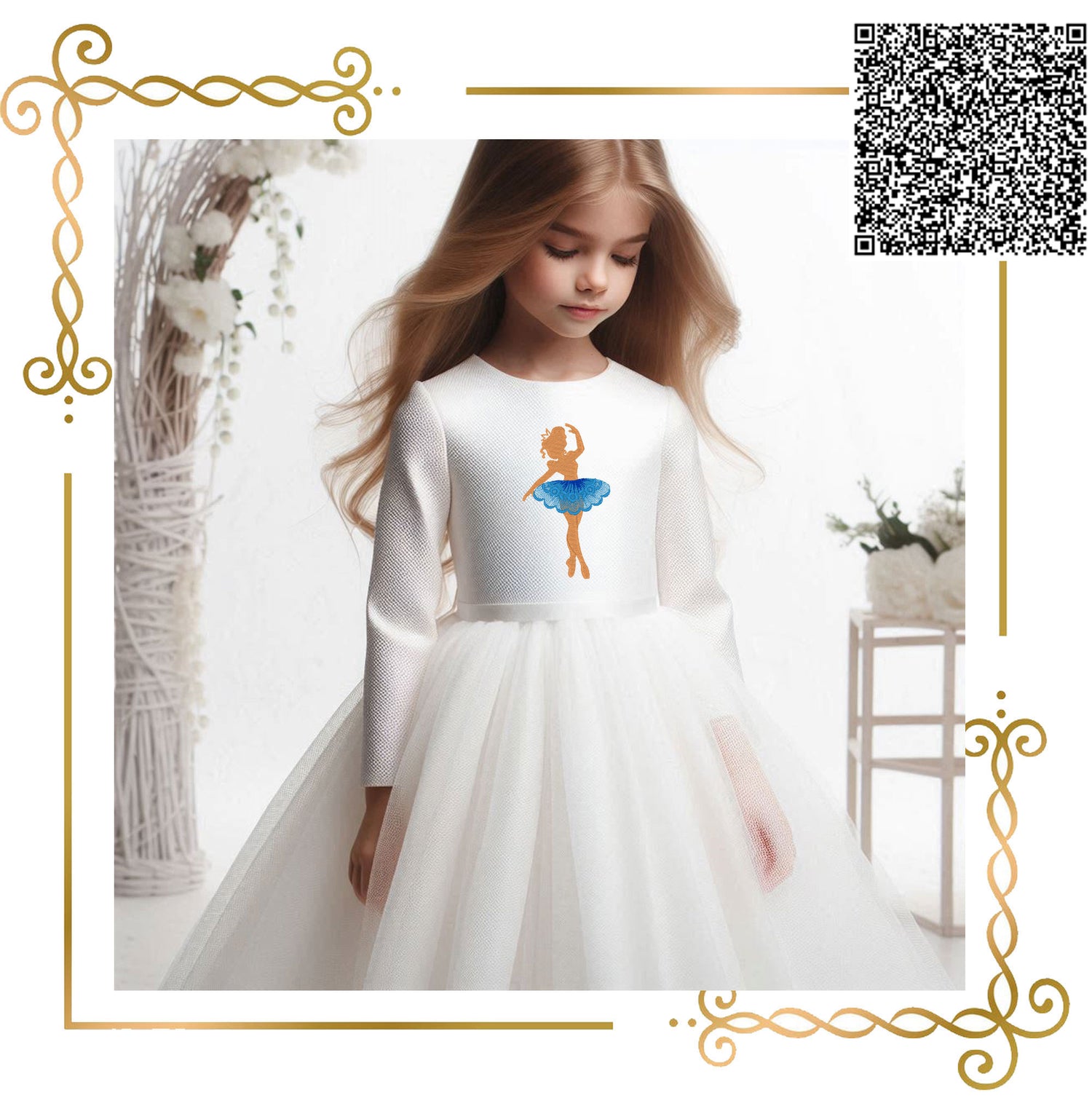 Ballerina Embroidery Design – Elegant Ballet Girl with Lace Tutu – Machine Embroidery File