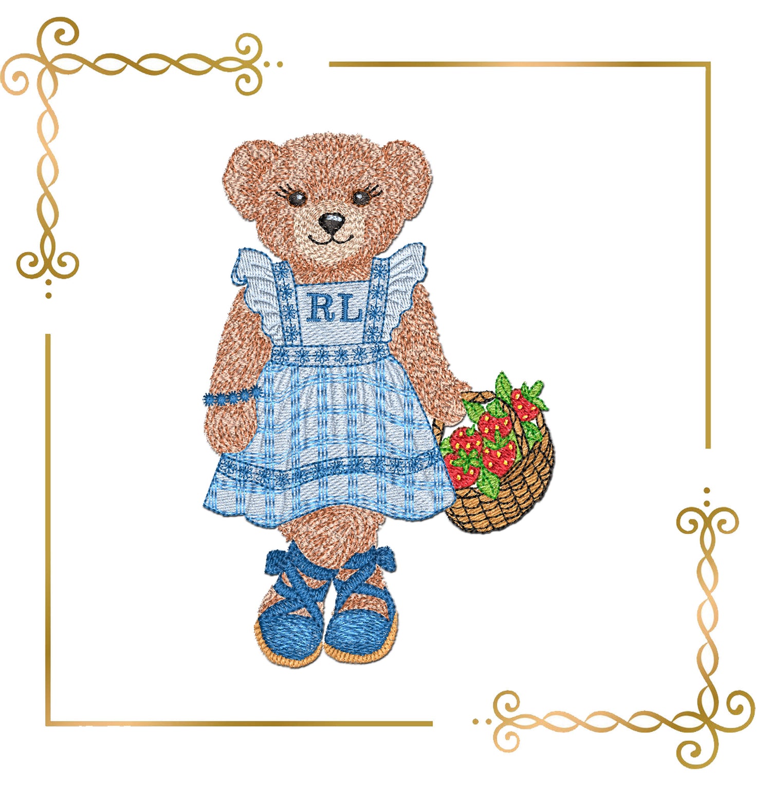 Teddy Bear Embroidery Design – Teddy Bear with a basket of strawberries Polo – Digital File for Machine Embroidery 3 Sizes