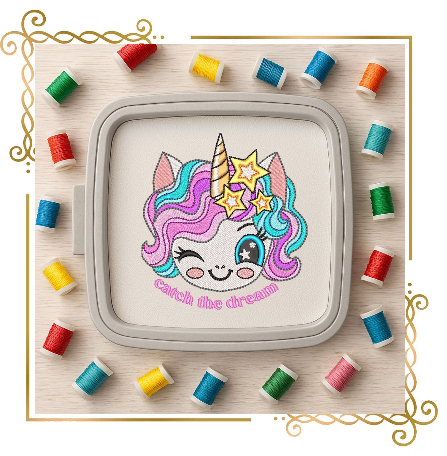 Embroidery Design Unicorn – Catch the Dream Kawaii Face for Machine Embroidery – Cute Pastel Rainbow Digital Download