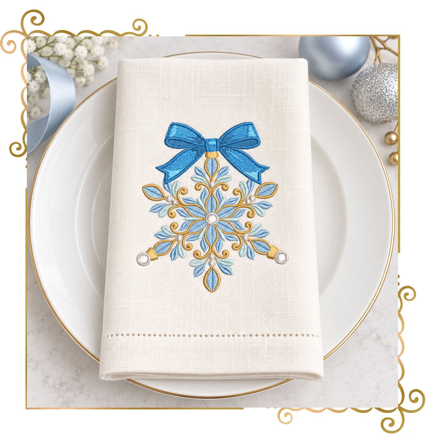 Christmas Snowflake Machine Embroidery Design, Blue Bow Ornament, Winter Holiday Embroidery, Christmas Decor - Digital Download