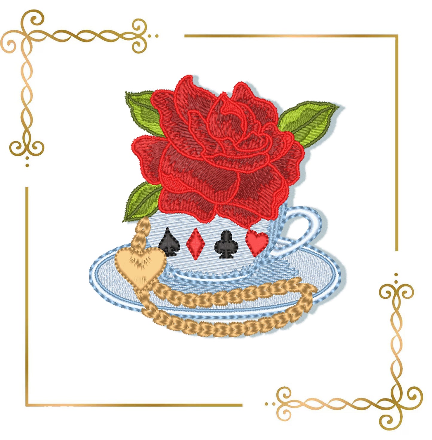 Princess Alice in Wonderland Tea Cup Machine Embroidery Design | Rose Teacup Embroidery | Wonderland Floral Cup |  Digital Download