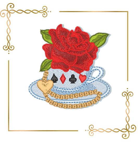 Princess Alice in Wonderland Tea Cup Machine Embroidery Design | Rose Teacup Embroidery | Wonderland Floral Cup | Digital Download