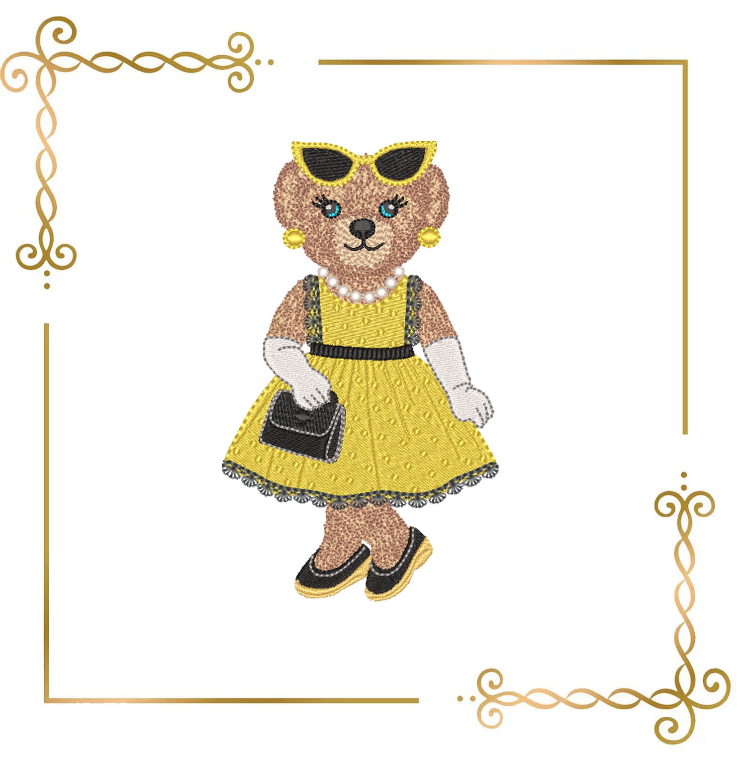 Teddy Bear Embroidery Design – Girl in Gold Dress with Pearls – Vintage Elegant Machine Embroidery File – Cute Retro Bear Pattern