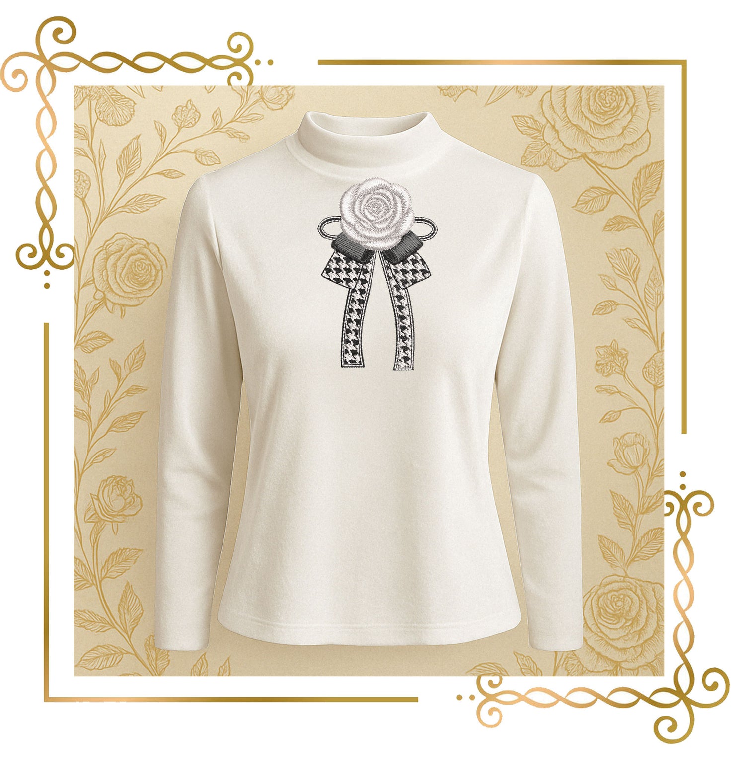 Elegant jewelry, bow with a rose in a fashionable style embroidery design