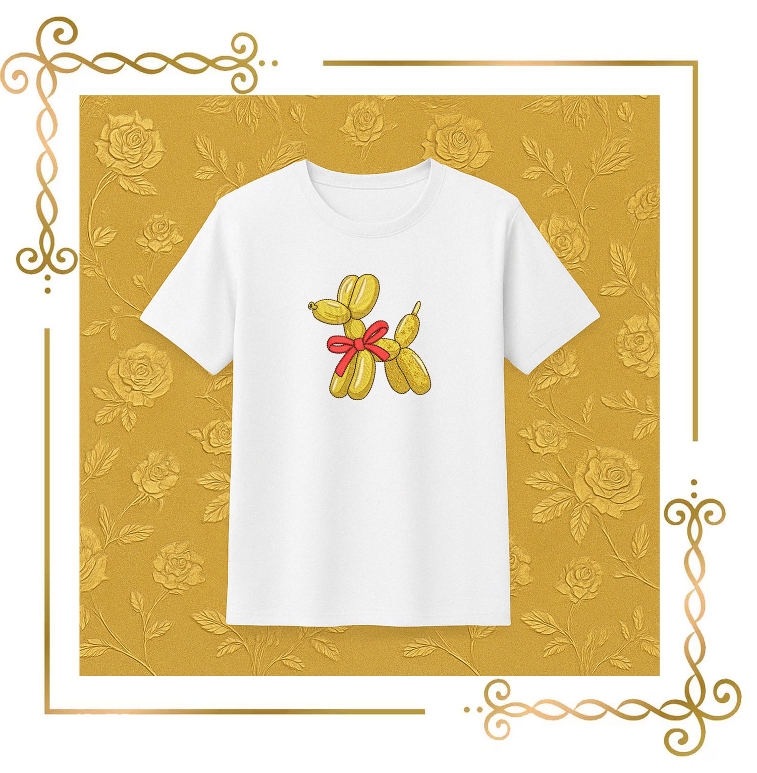 Golden Balloon Dog with Red Bow, Luxe Stitch Art - Embroidery Design