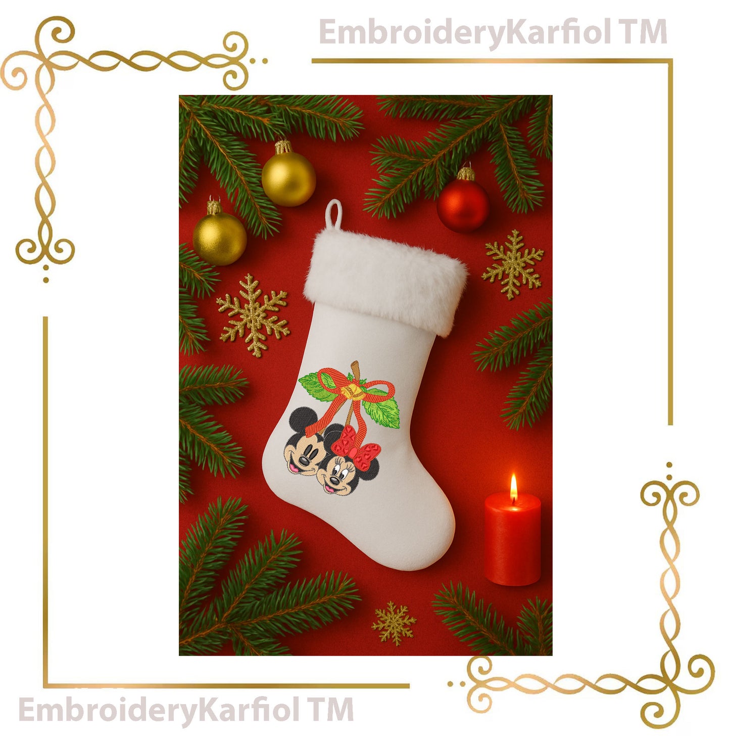 Mickey and Minnie Mouses Christmas Winter Christmas Cherry Embroidery Design