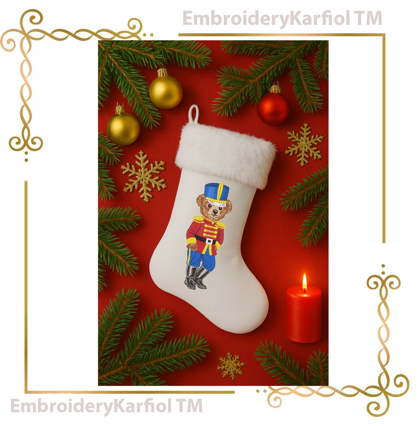 Nutcracker Bear Embroidery Design – Christmas Toy Soldier Machine Embroidery Pattern (Digital File)