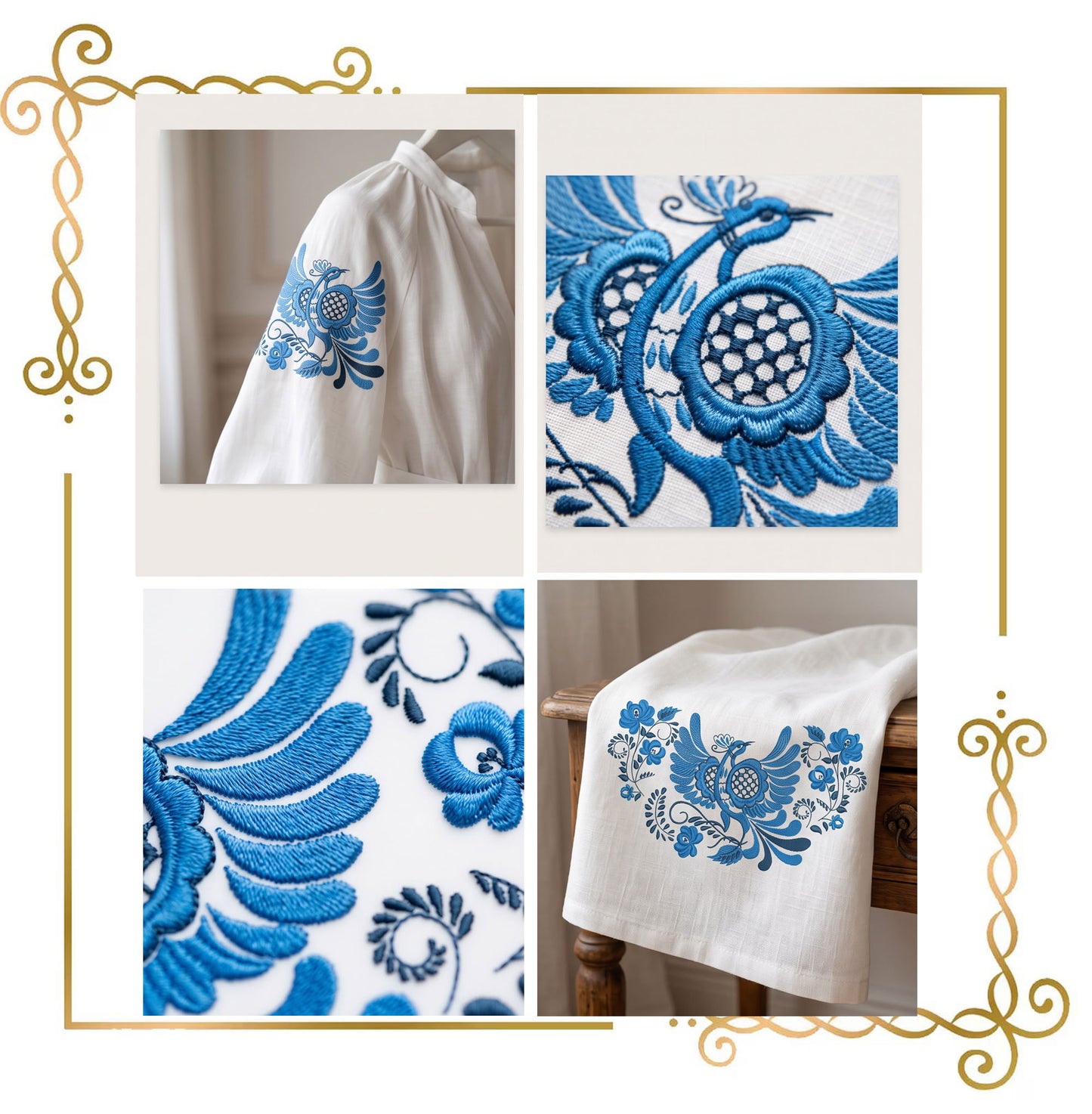 Flowers Blue Firebird, Folk Bird, Blue Folk Firebird Embroidery design Floral 2 Sizes - Instant Download