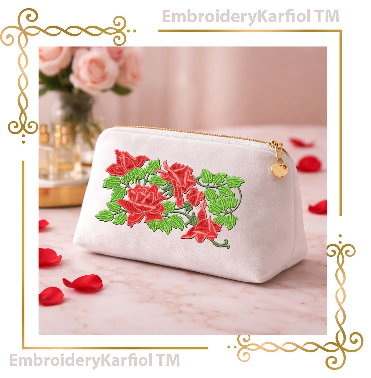 Red Rose Border Embroidery Design, Floral Vine Frame, Romantic Wedding Valentine Machine Embroidery File