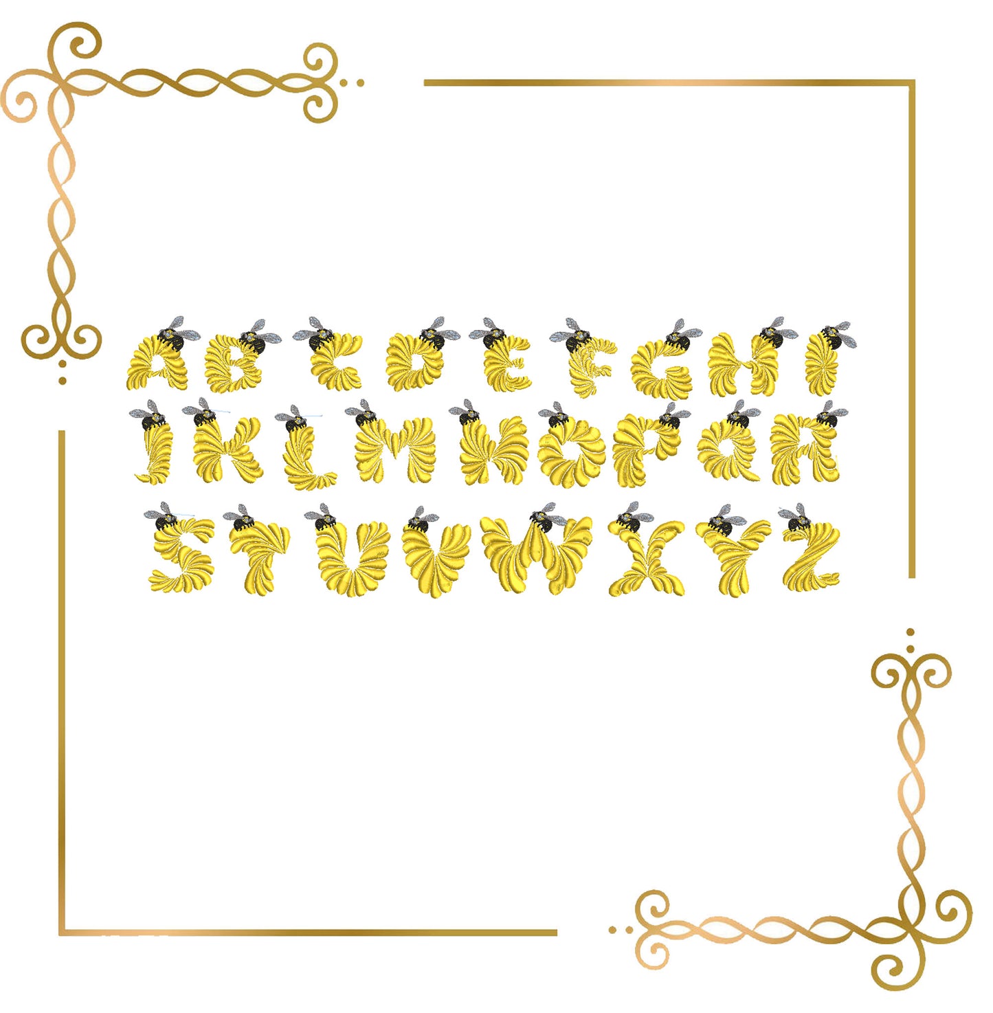 Honey solar alphabet monogram with bees Digital Embroidery Design