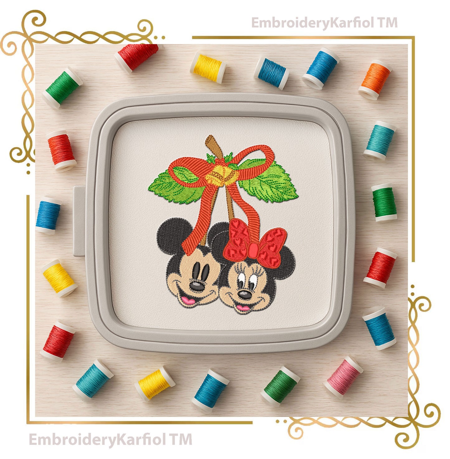 Mickey and Minnie Mouses Christmas Winter Christmas Cherry Embroidery Design