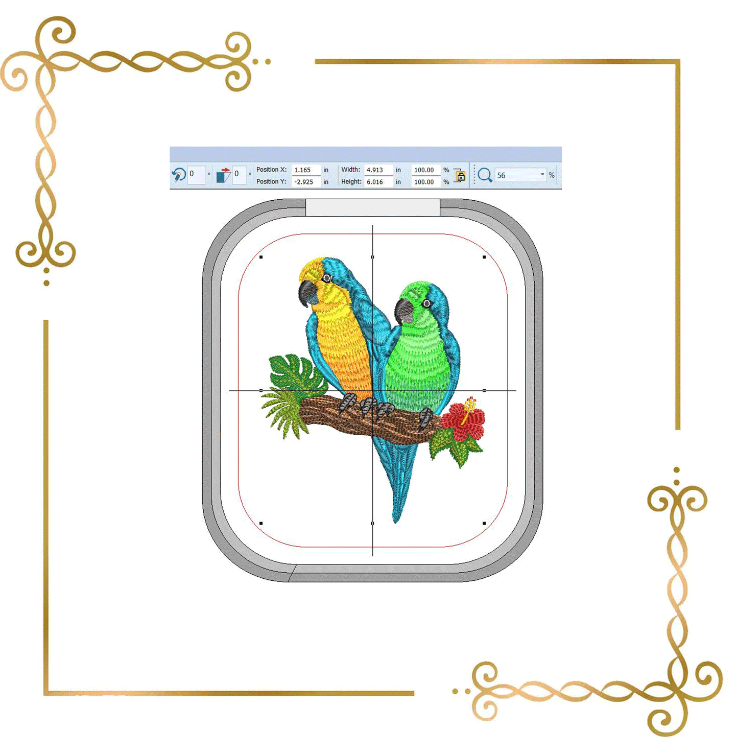 Tropical Parrots Embroidery Design – Two Macaws with Hibiscus & Exotic Leaves Digitai Download