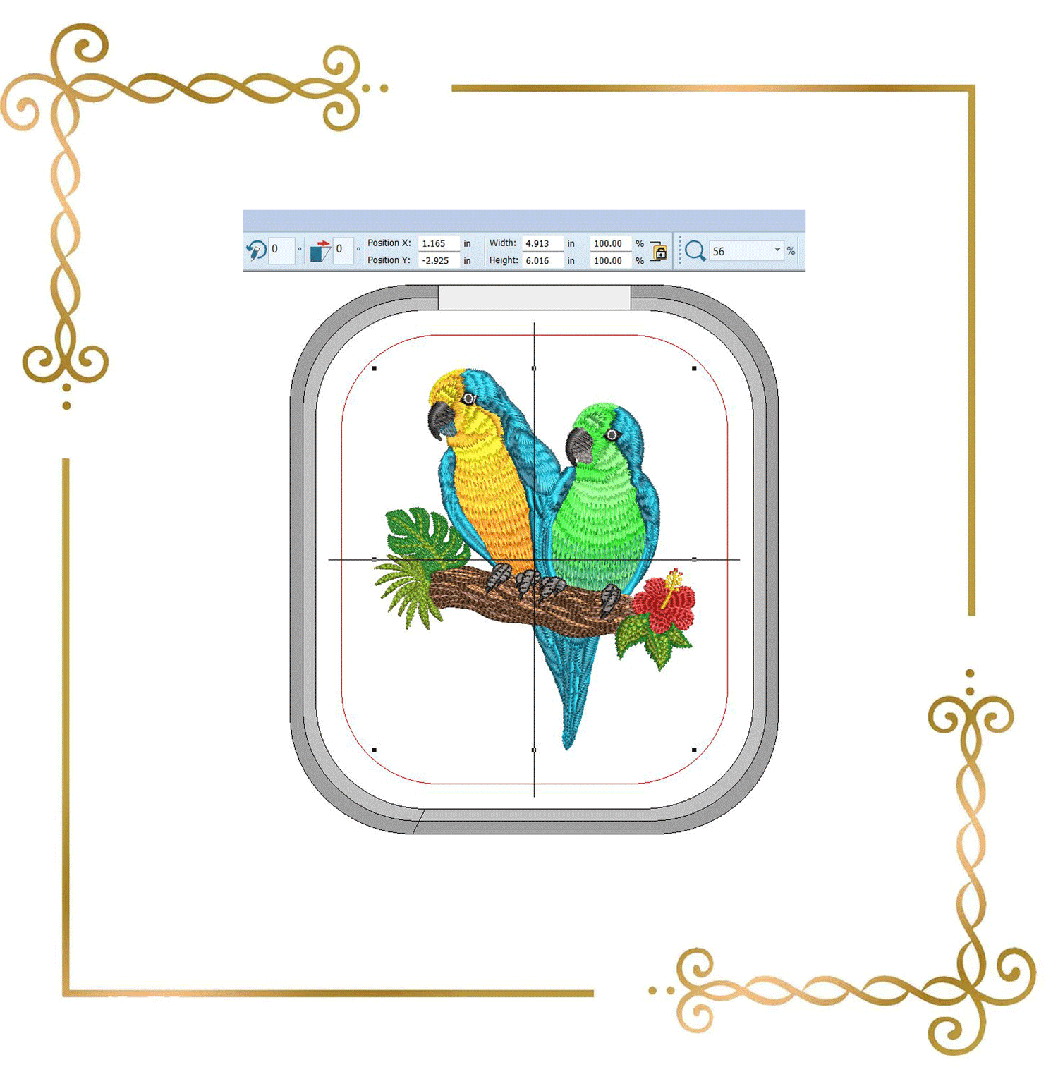 Tropical Parrots Embroidery Design – Two Macaws with Hibiscus & Exotic Leaves Digitai Download