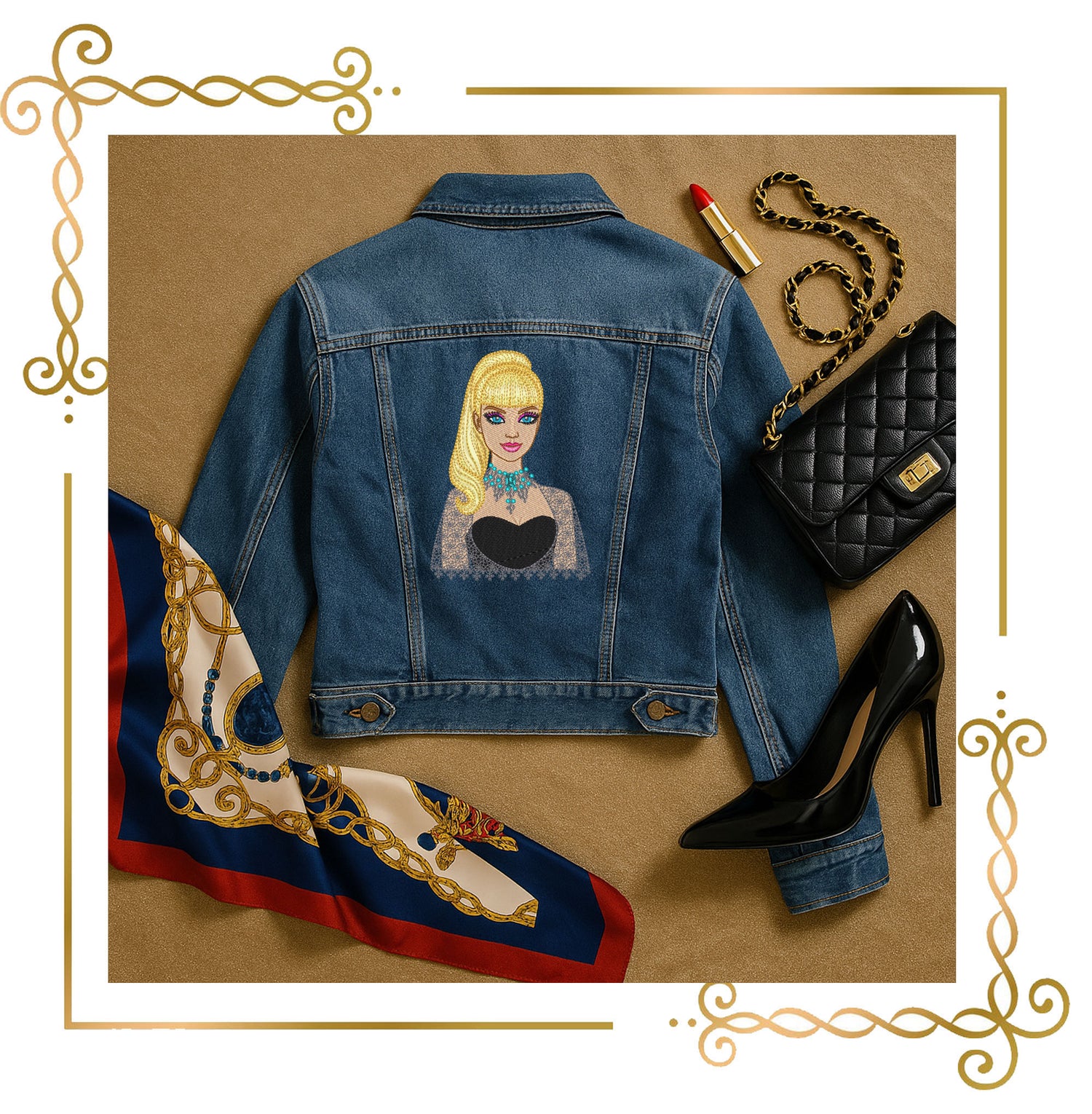 Princess, Barbie Embroidery Design – Glamorous collectible Blonde Doll in Black Lace Dress with Turquoise Necklace – Digital Download