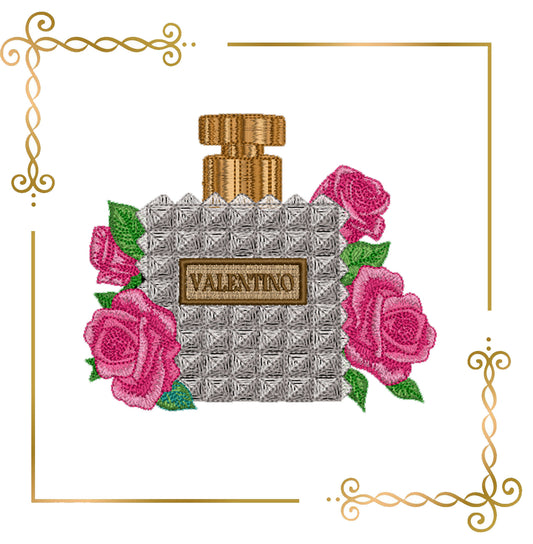 Mother's day, MOM, Parisian Perfume Valentino bottle with roses – Embroidery Design 2 Sizes to the direct download.