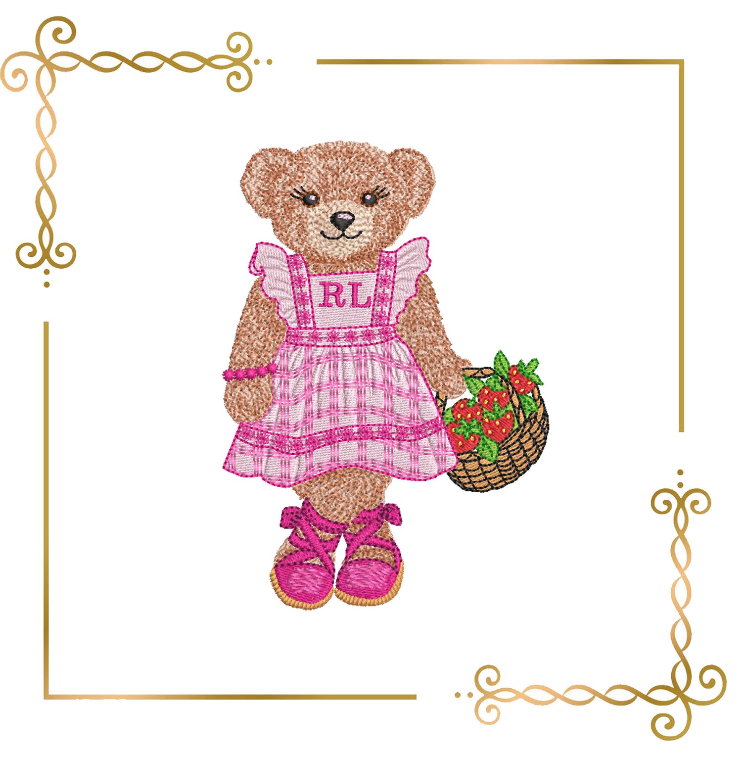 Teddy Bear Embroidery Design – Teddy Bear with a basket of strawberries Polo – Digital File for Machine Embroidery 3 Sizes