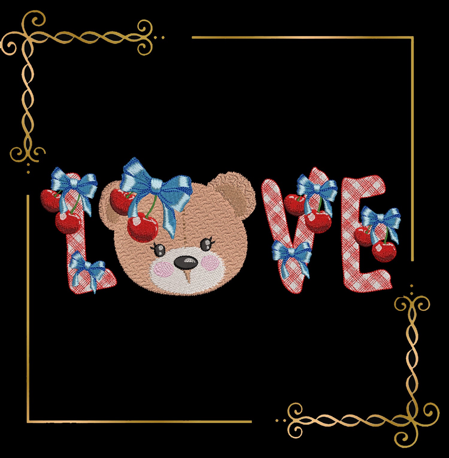 Teddy bear with bows and cherry, love, cartoon character, digital machine Embroidery design