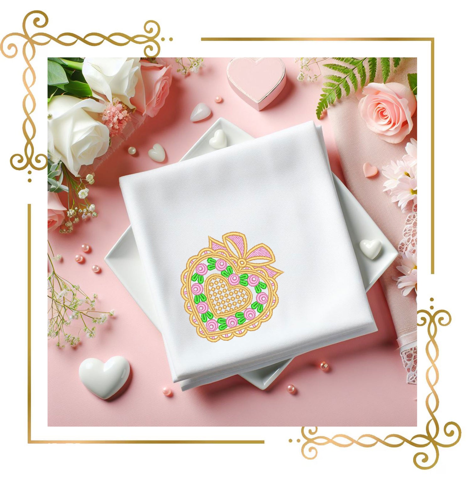 Heart Lace Frame Embroidery Design, Pink Floral Heart with Bow, Valentine Wedding Machine Embroidery File (2 Sizes)