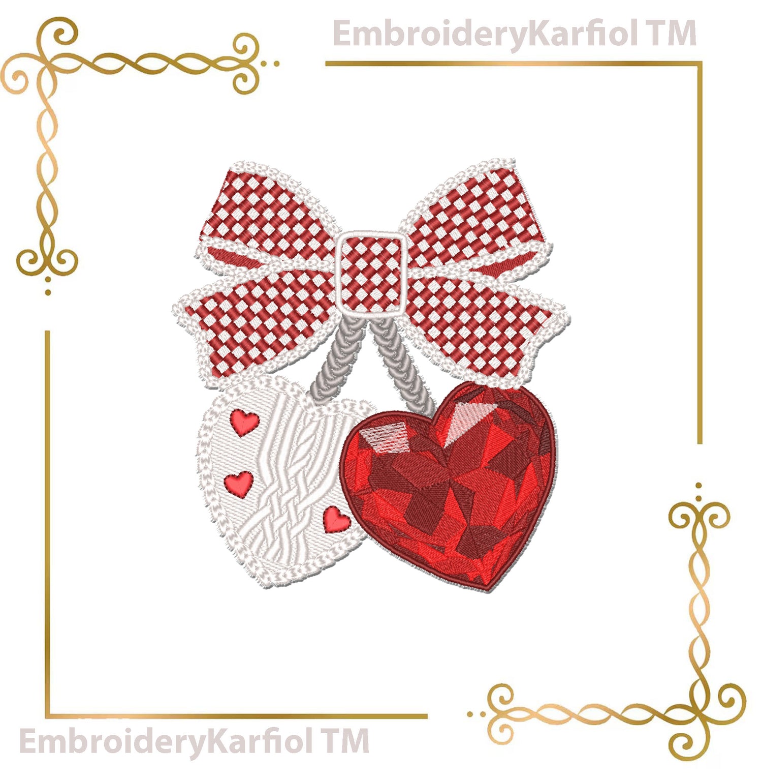 Valentines Day Bow with Crystal and Knit Hearts Embroidery Design File 2 Sizes