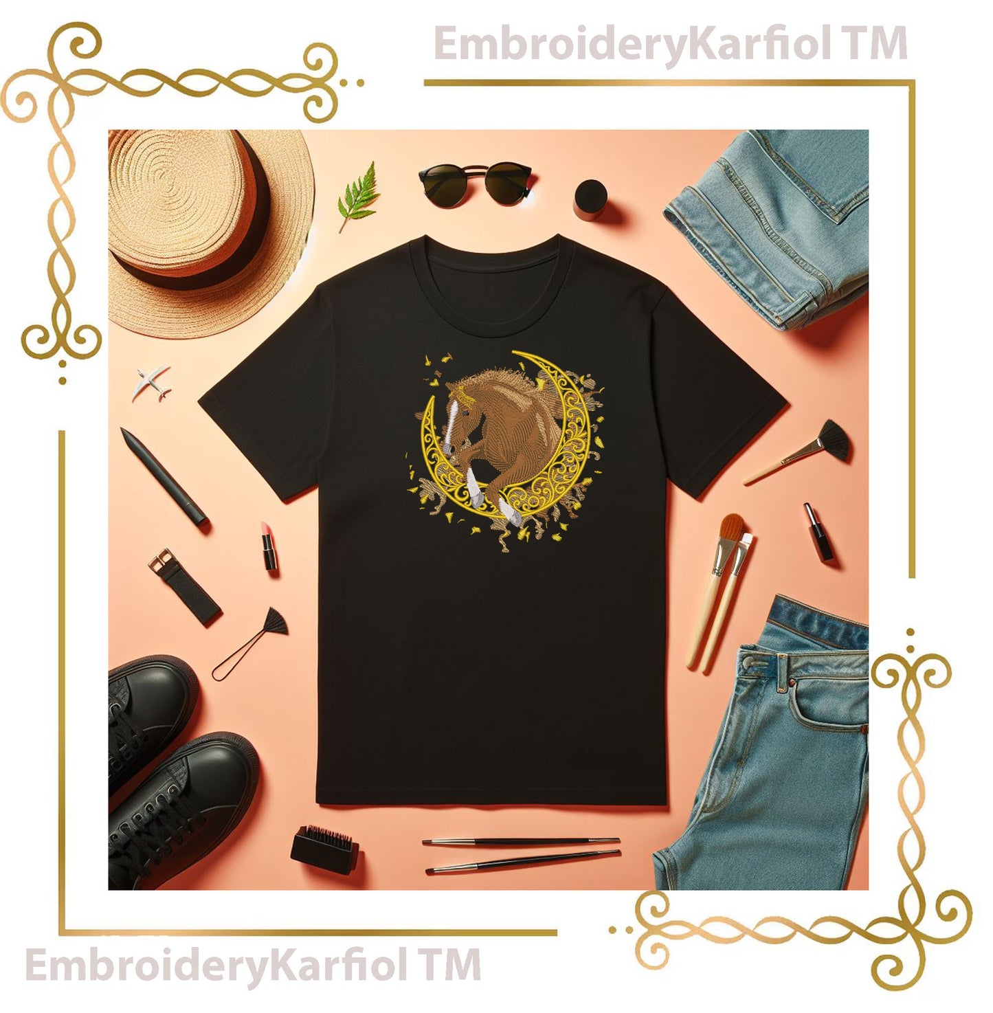 Horse on Moon - Embroidery Design - Chistmas Red Holiday Version and Natural Brown (Digital Download)