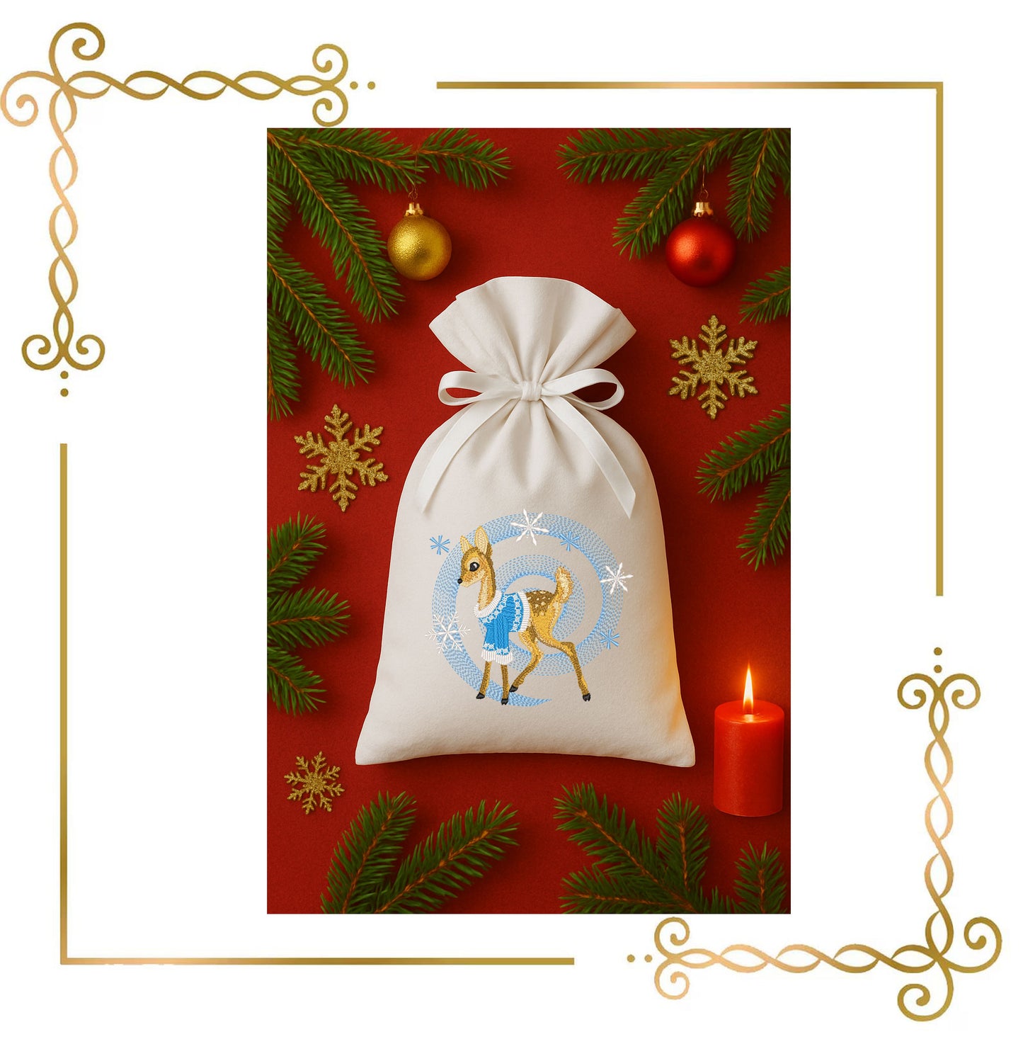 Winter Fawn Embroidery Design – Realistic Knit Texture Deer in Blue Sweater, Christmas Machine Embroidery Pattern (Digital Download)