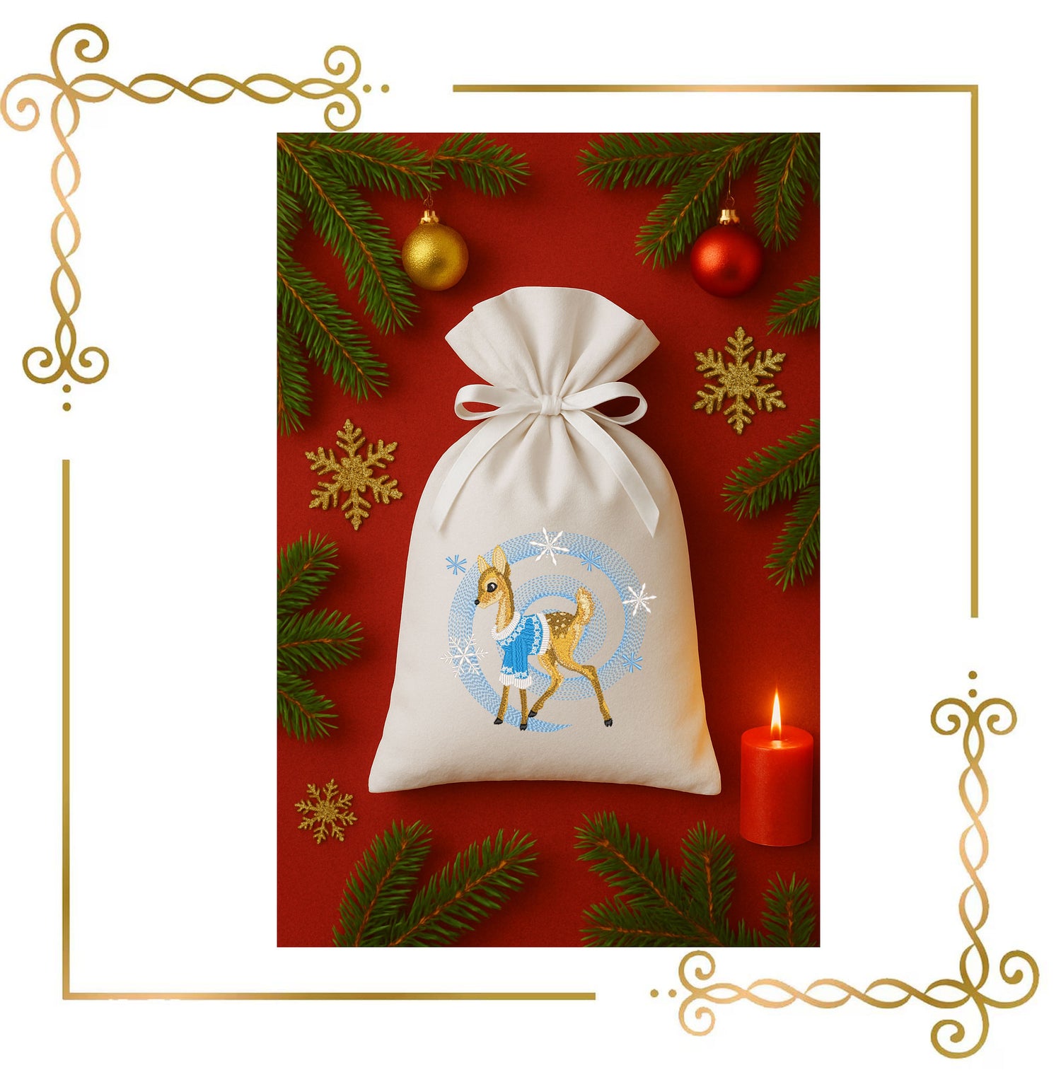 Winter Fawn Embroidery Design – Realistic Knit Texture Deer in Blue Sweater, Christmas Machine Embroidery Pattern (Digital Download)