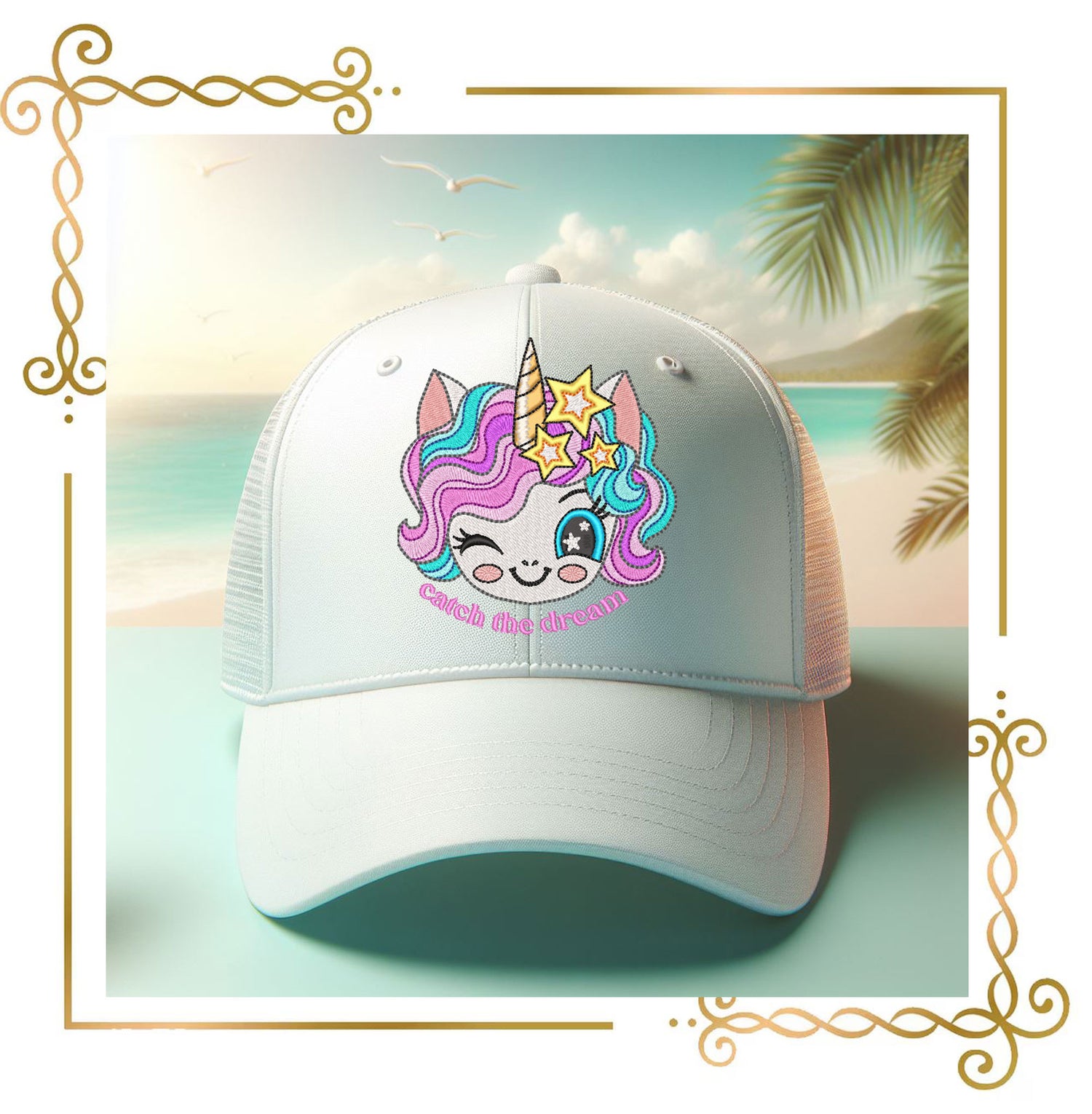 Embroidery Design Unicorn – Catch the Dream Kawaii Face for Machine Embroidery – Cute Pastel Rainbow Digital Download
