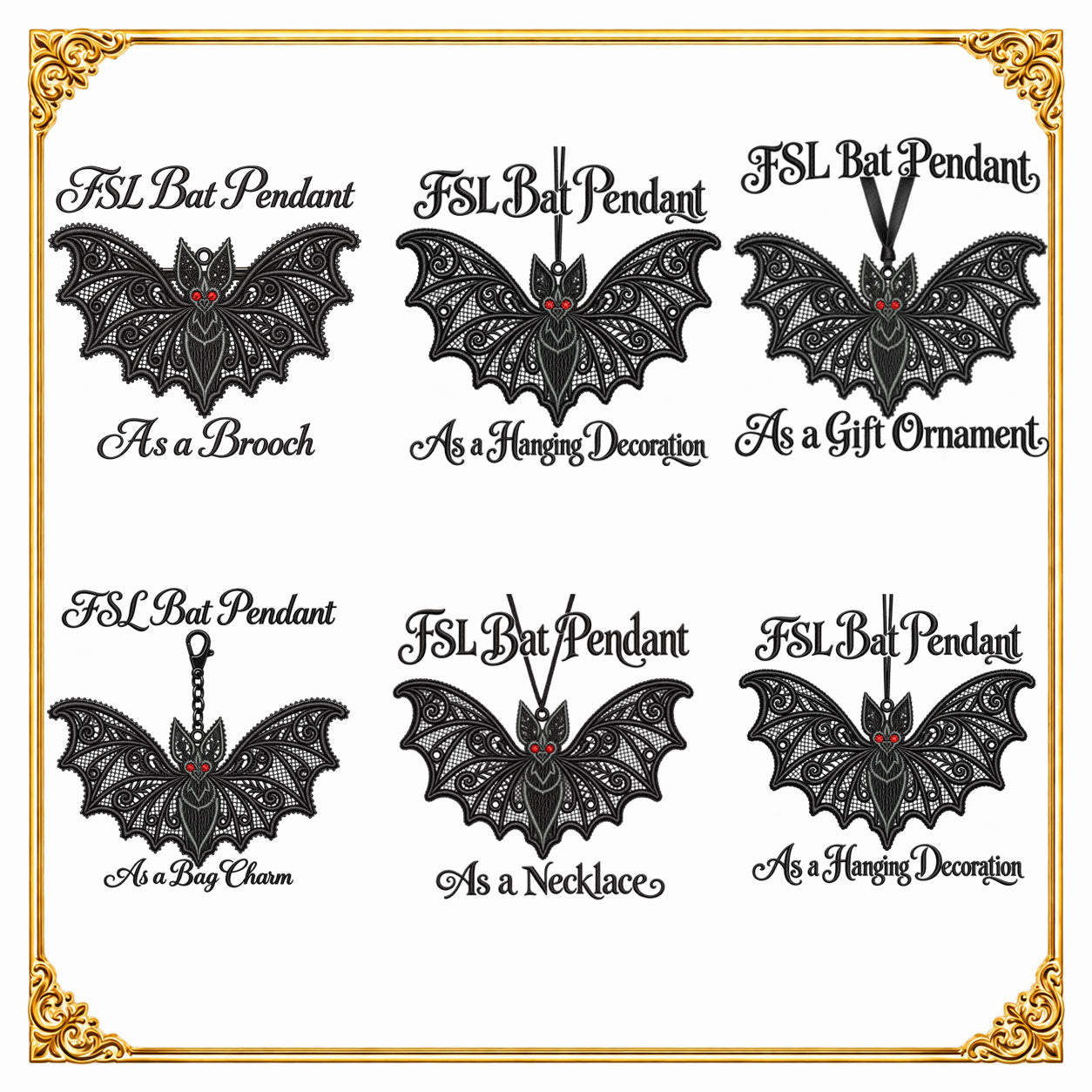 Halloween -Gothic Freestanding Lace Bat Pendant FSL Machine Embroidery Design, Halloween Ornament, Instant (Digital Download)