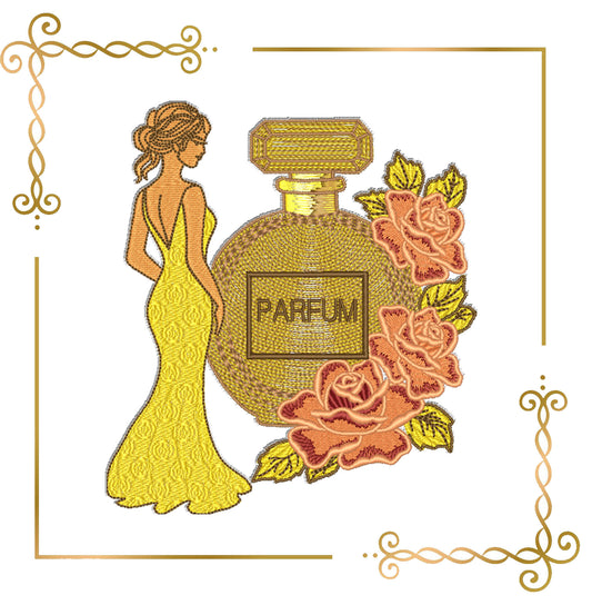 Mother's day, MOM, Parisian Perfume bottle with roses - Golden Elegance Perfume – Embroidery Design