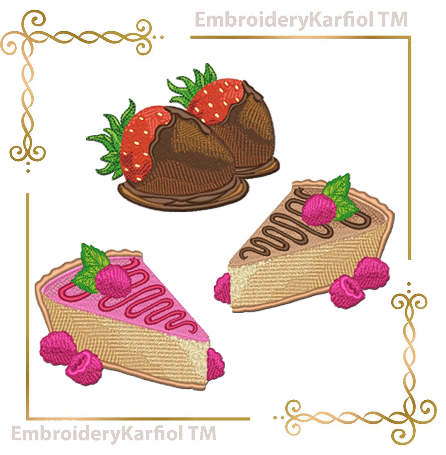 Dessert Embroidery Design Set – Chocolate, Raspberry Cakes, Strawberries (Instant Download)