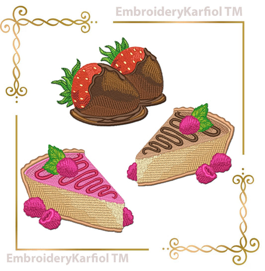Dessert Embroidery Design Set – Chocolate, Raspberry Cakes, Strawberries (Instant Download)