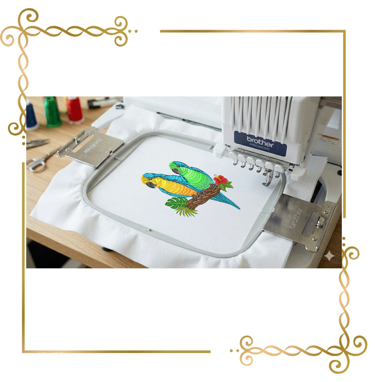 Tropical Parrots Embroidery Design – Two Macaws with Hibiscus & Exotic Leaves Digitai Download