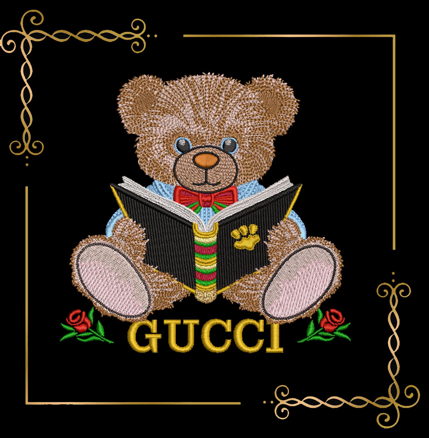 Teddy bear reading a book, cartoon character machine embroidery design digital