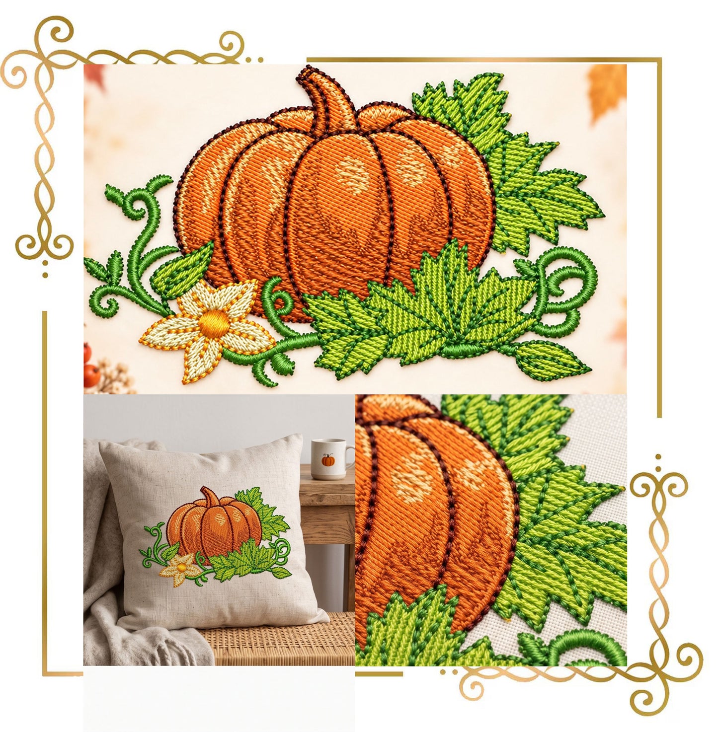 Halloween - Fall Pumpkin Machine Embroidery Design Autumn Leaves Floral Harvest Digital Embroidery File