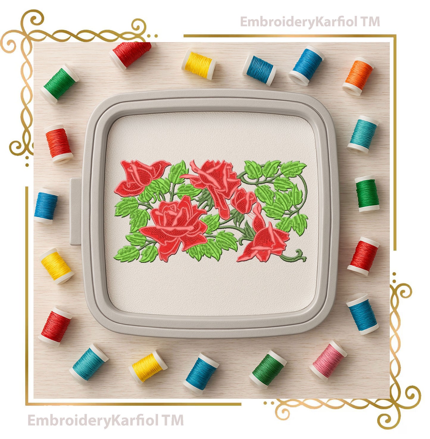 Red Rose Border Embroidery Design, Floral Vine Frame, Romantic Wedding Valentine Machine Embroidery File