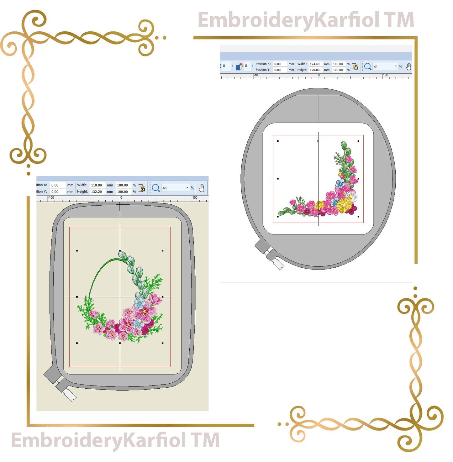 Easter Two matching machine embroidery designs: a floral Easter egg wreath with blue flowers and greenery, plus a coordinating floral corner
