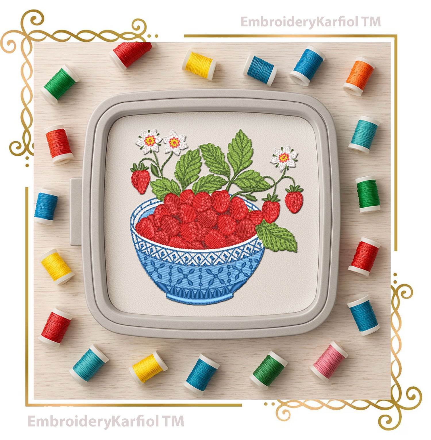 Embroidery Design Wild Strawberries Blue Bowl : Floral Summer Fruit Pattern (4x4 inches) 