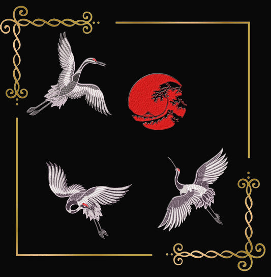 Embroidery Design Machine Embroidery Japanese Crane Set Red Sun Bundle Oriental Bird Motif