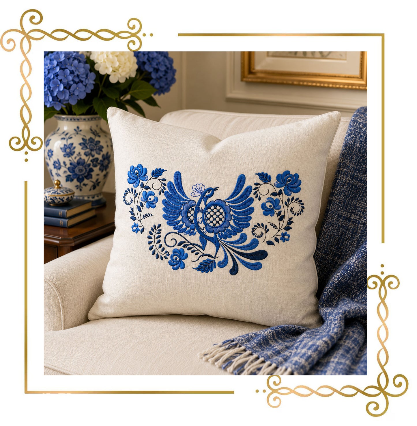 Flowers Blue Firebird, Folk Bird, Blue Folk Firebird Embroidery design Floral 2 Sizes - Instant Download