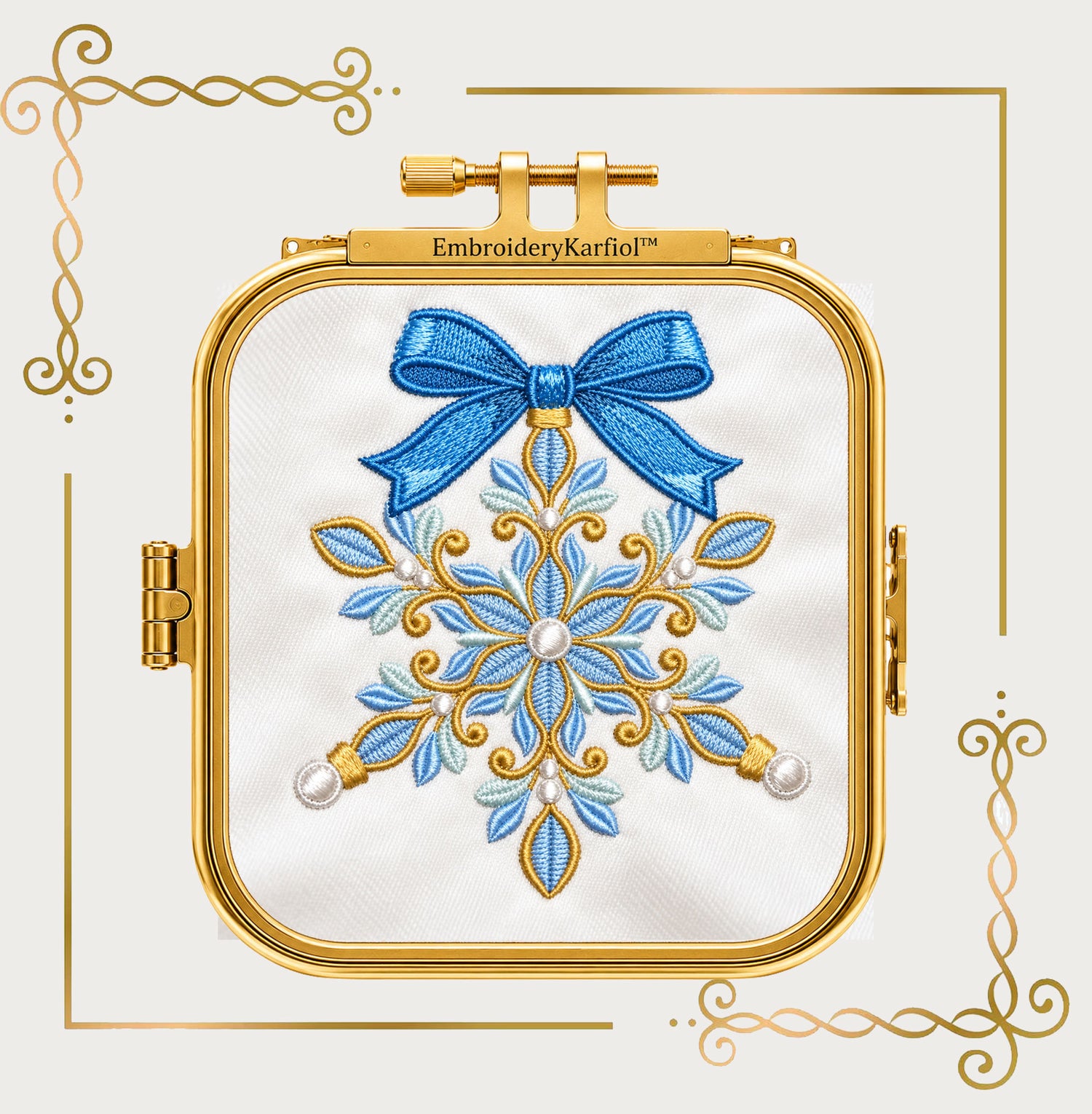 Christmas Snowflake Machine Embroidery Design, Blue Bow Ornament, Winter Holiday Embroidery, Christmas Decor - Digital Download