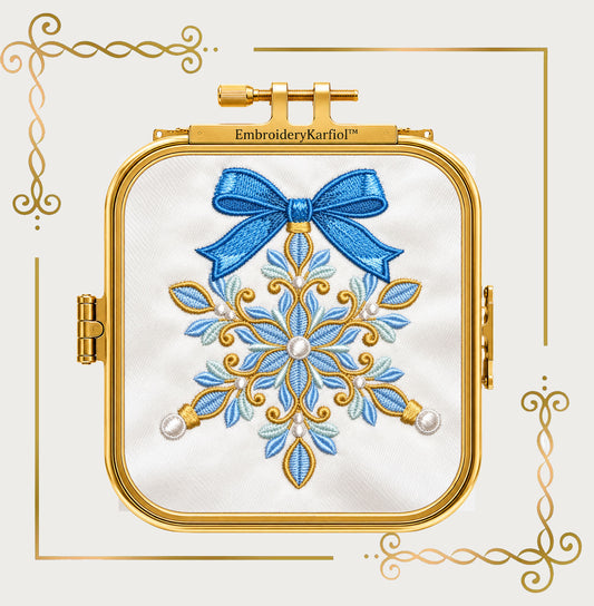 Christmas Snowflake Machine Embroidery Design, Blue Bow Ornament, Winter Holiday Embroidery, Christmas Decor - Digital Download