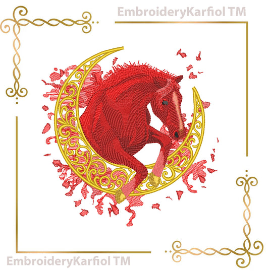 Horse on Moon - Embroidery Design - Chistmas Red Holiday Version and Natural Brown (Digital Download)