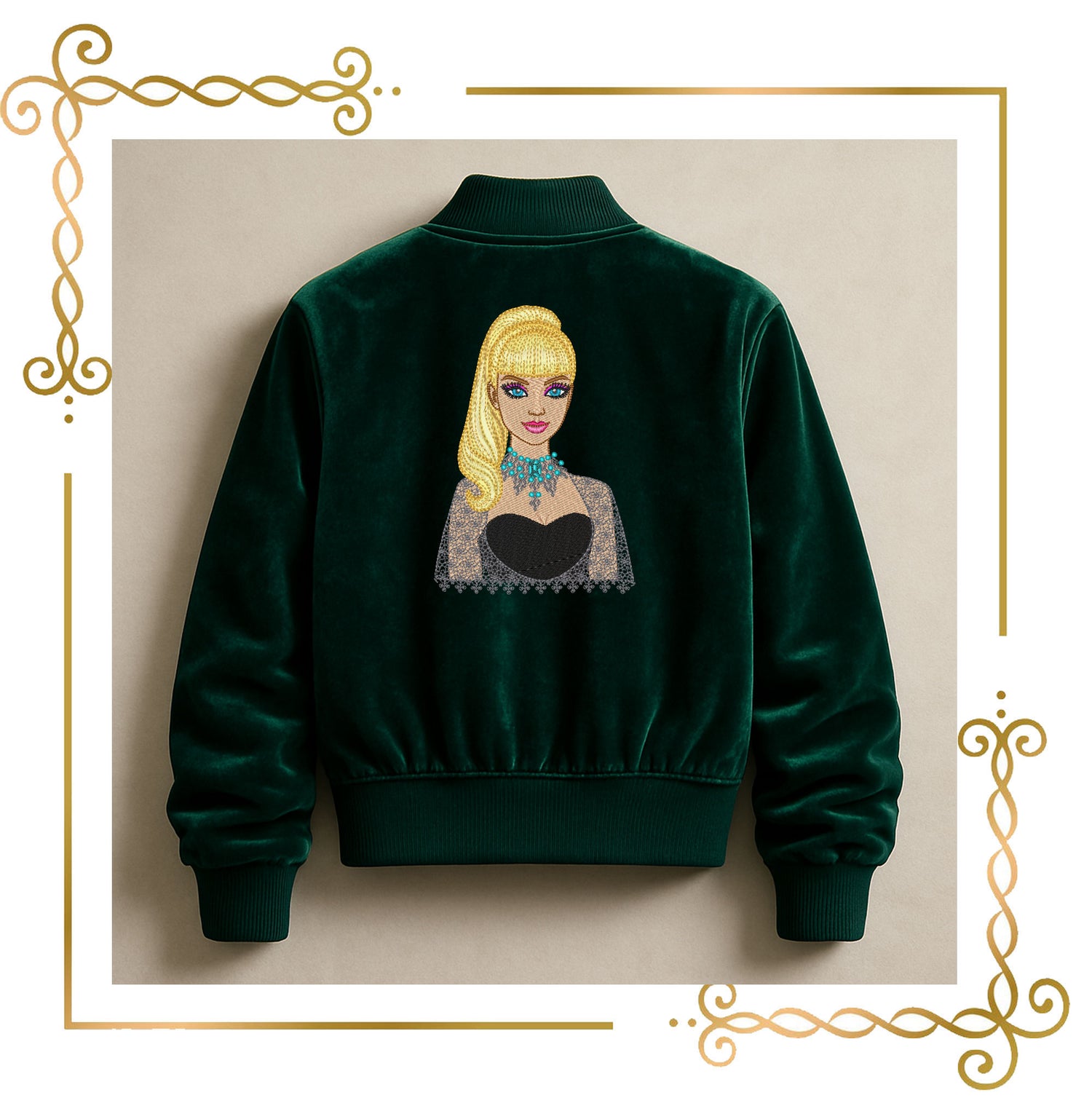 Princess, Barbie Embroidery Design – Glamorous collectible Blonde Doll in Black Lace Dress with Turquoise Necklace – Digital Download