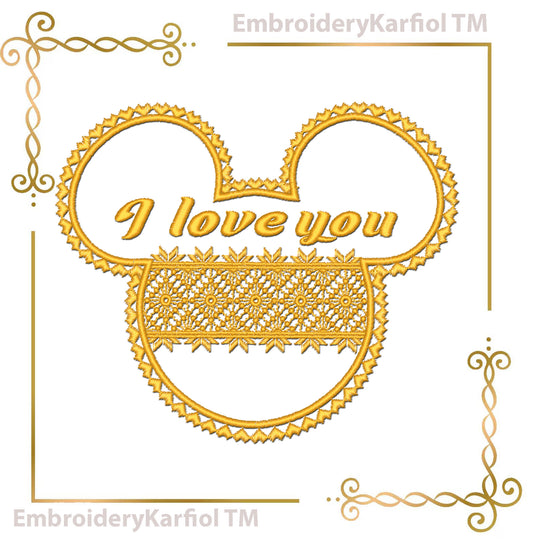 Mickey Mouse Head Lace - I Love You - Valentines day - Application Embroidery Design