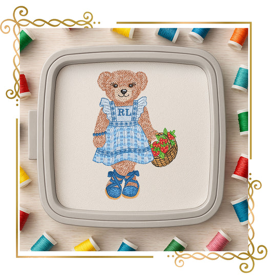 Teddy Bear Embroidery Design – Teddy Bear with a basket of strawberries Polo – Digital File for Machine Embroidery 3 Sizes