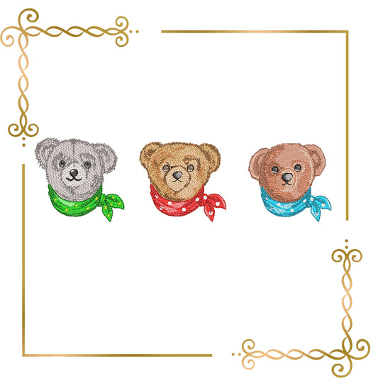 Teddy Bear Classic Style luxury heritage style 3 Elegant Embroidery Designs with Bandanas Vintage to Modern Evolution 3 Bears 2 Sizes