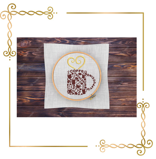 Gift  design Coffee Cup Valentines Day inscriptions cappuccino espresso heart digital machine embroidery design