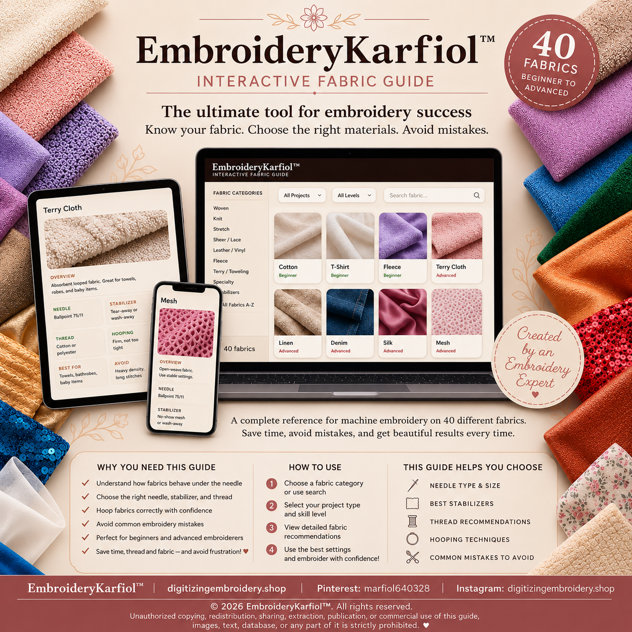 Interactive Fabric Guide for Machine Embroidery | 40 Fabrics | Needle Stabilizer Thread | Digital Tool | Beginner to Advanced
