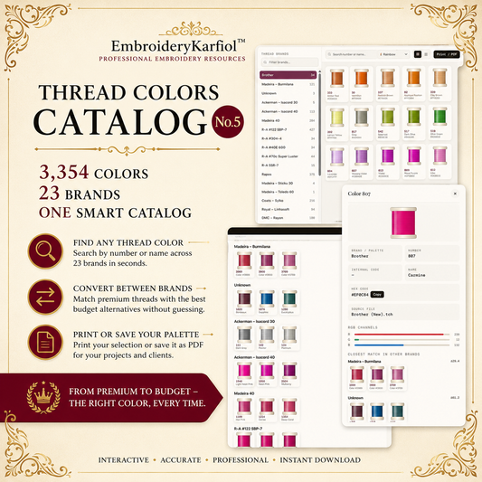 Interactive Embroidery Thread Color Catalog No. 5 — 3,354 Colors, 23 Brands, HEX & RGB Codes, Thread Conversion, Search