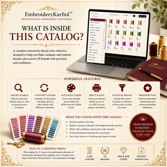 Interactive Embroidery Thread Color Catalog No. 5 — 3,354 Colors, 23 Brands, HEX & RGB Codes, Thread Conversion, Search